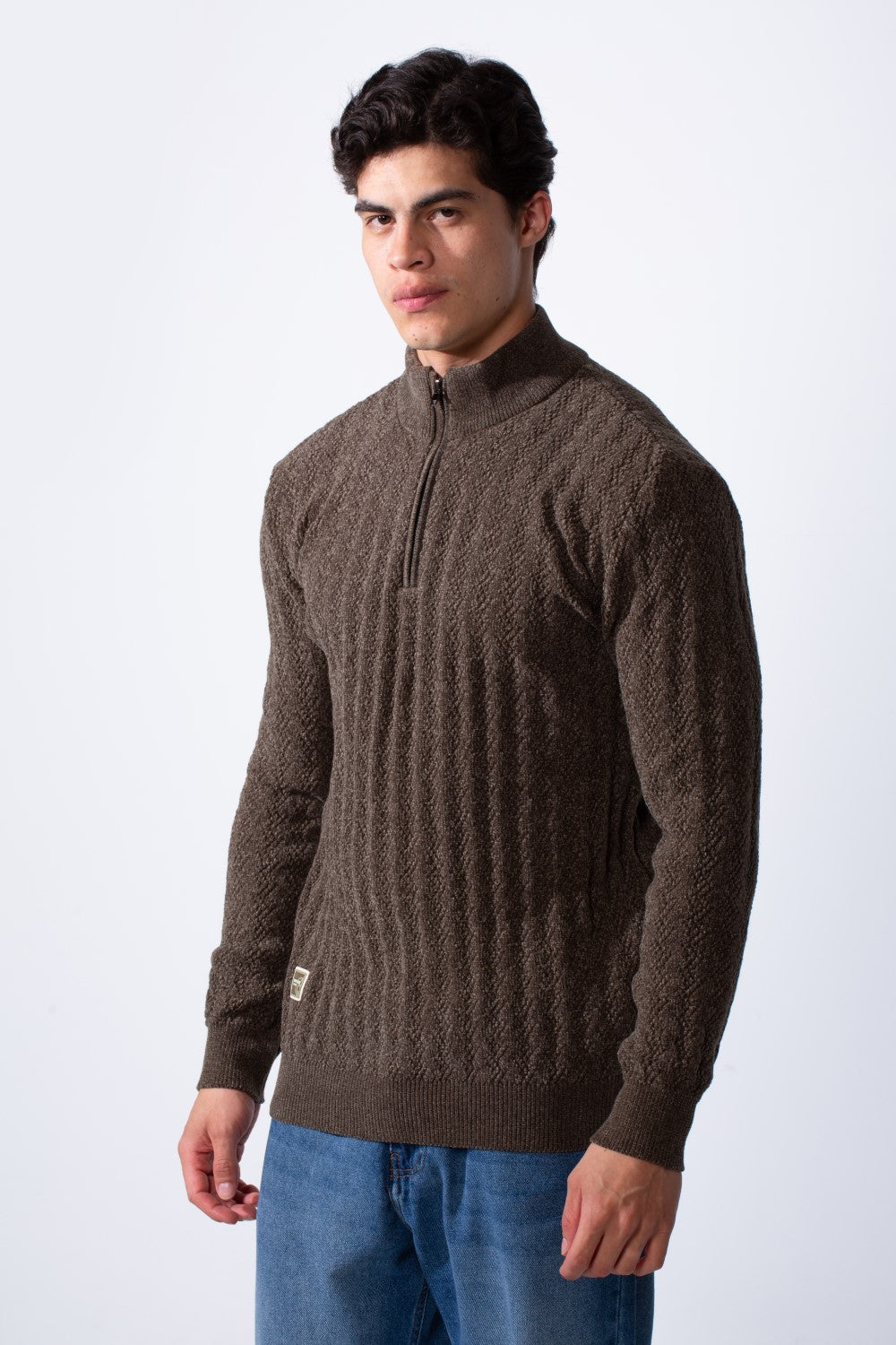 Men's Quarter Zip Slim Fit High Neck Textured Fabric Pullover