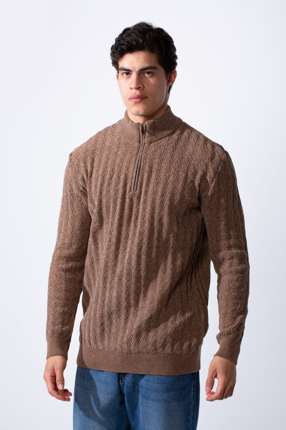 Men's Quarter Zip Slim Fit High Neck Textured Fabric Pullover