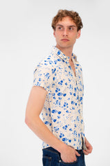 Men's Short Sleeve Floral Print Slim Fit Poplin Shirt
