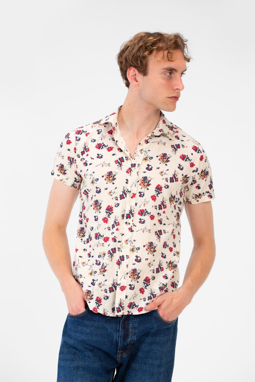 Men's Short Sleeve Floral Print Slim Fit Poplin Shirt