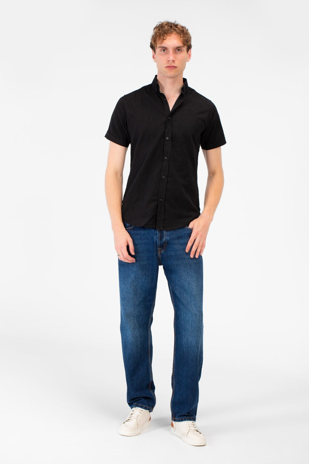 Men's Basic Plain Jakar Half Sleeve Slim Fit Button Down Shirt