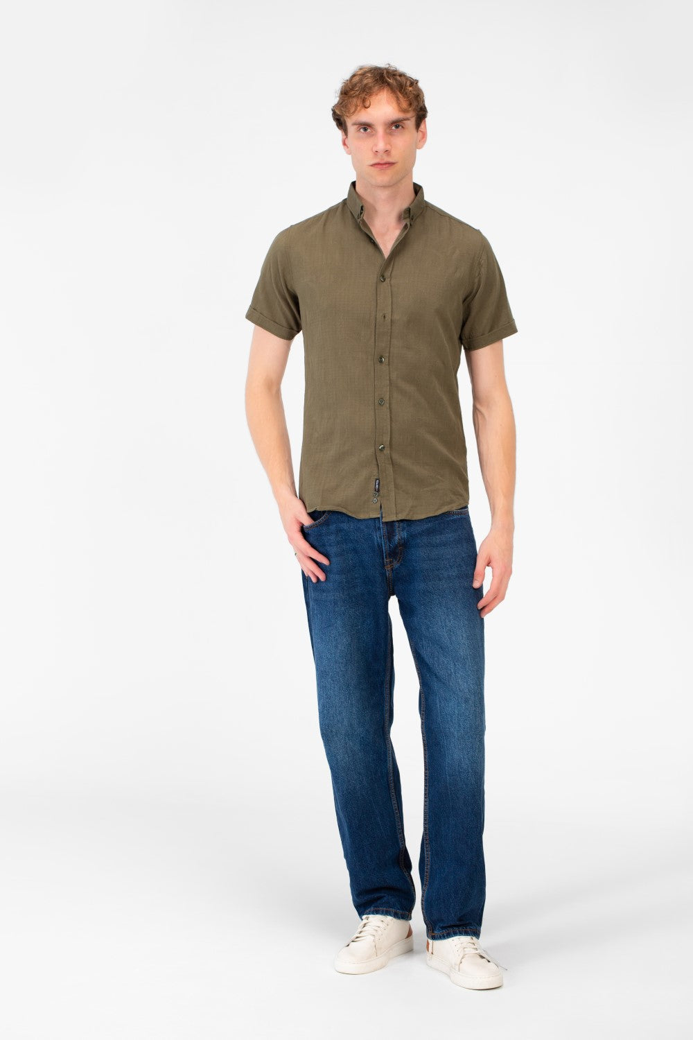 Men's Basic Plain Jakar Half Sleeve Slim Fit Button Down Shirt