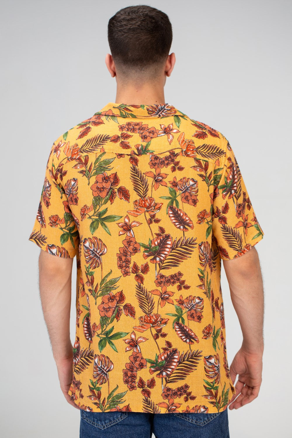 Mens Half Sleeved Shirt With Front Buttons And Summer Print In Orange