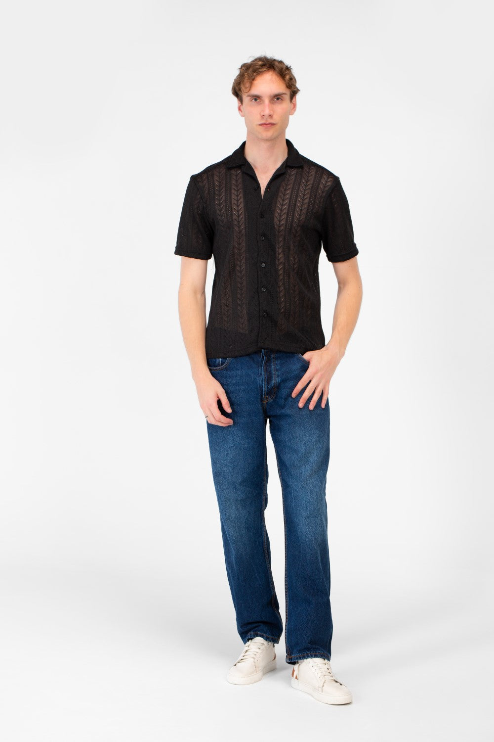 Men's Slim Fit Mesh Collar Button Front Half Sleeve Shirt