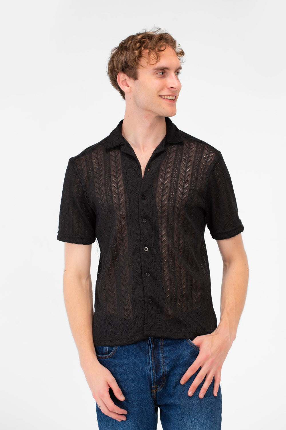 Men's Slim Fit Mesh Collar Button Front Half Sleeve Shirt