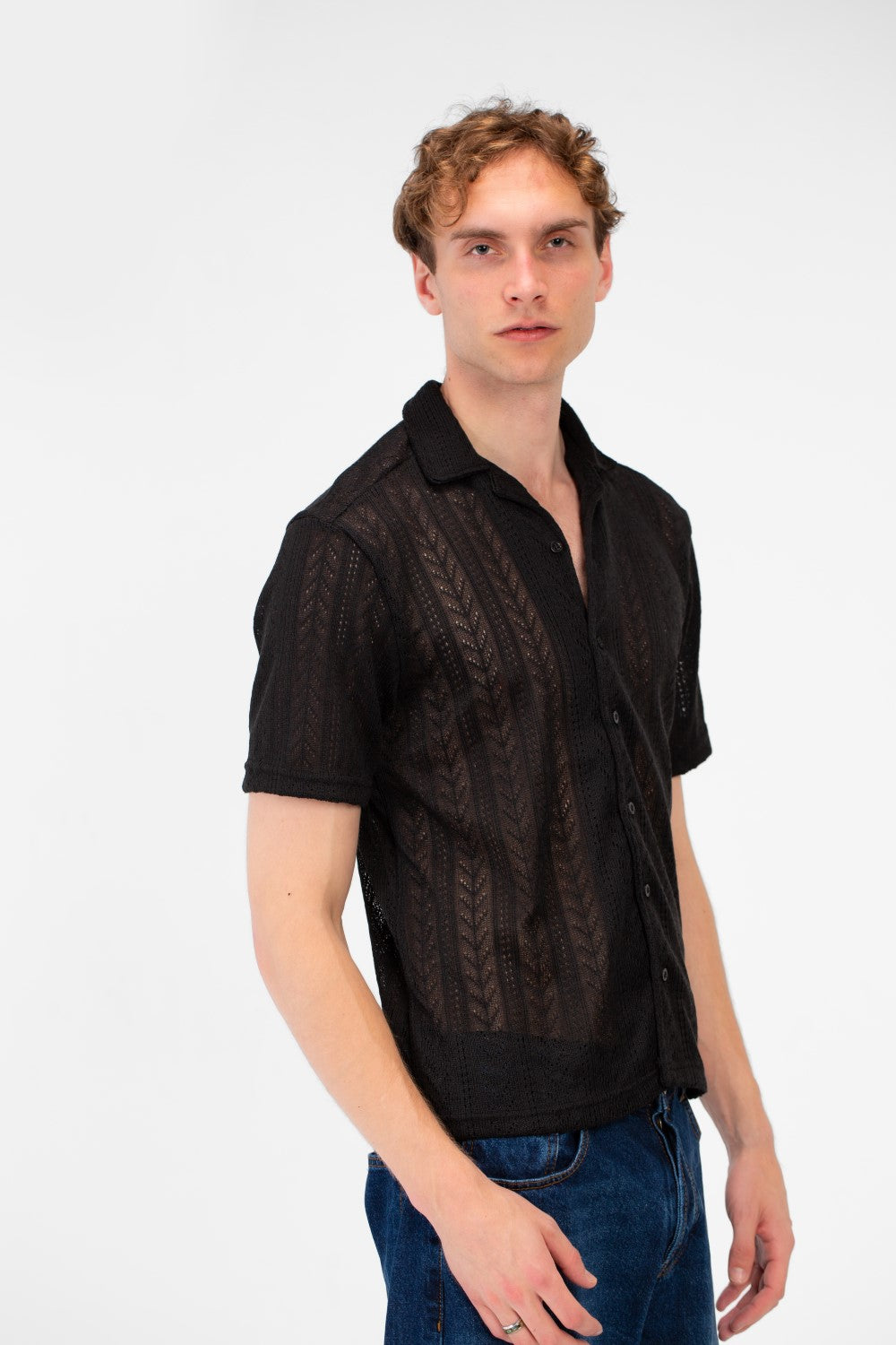 Men's Slim Fit Mesh Collar Button Front Half Sleeve Shirt