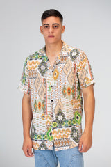 Mens Slim Fit Jakar Half Sleeve Shirt With Summer Print In Beige