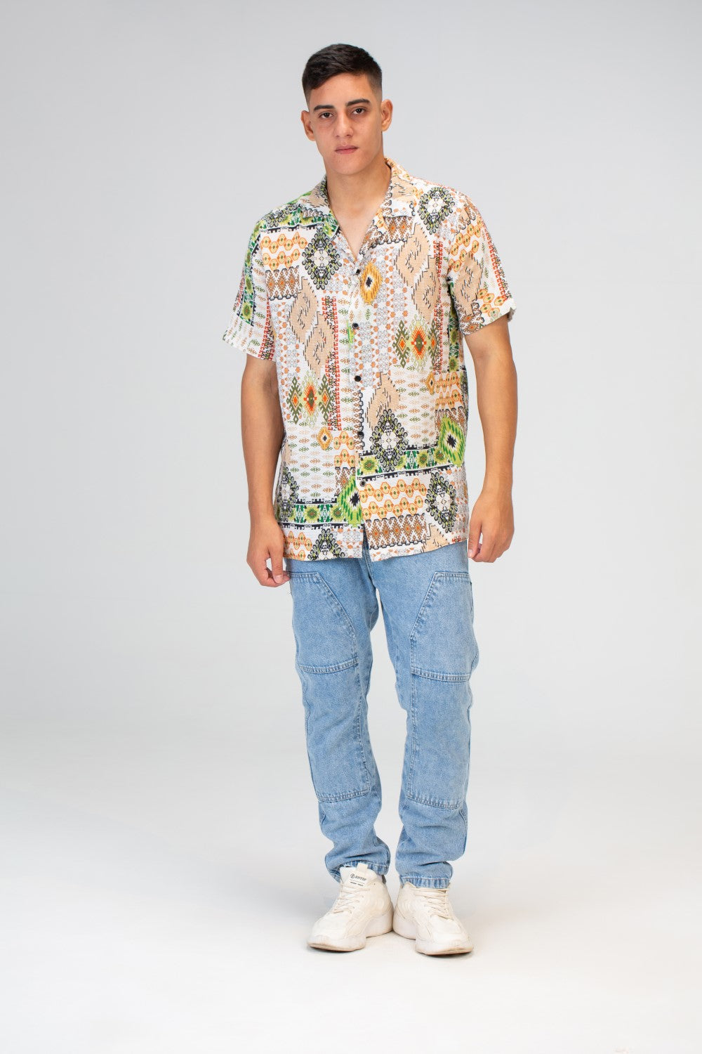 Mens Slim Fit Jakar Half Sleeve Shirt With Summer Print In Beige