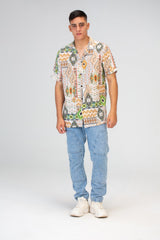 Mens Slim Fit Jakar Half Sleeve Shirt With Summer Print In Beige