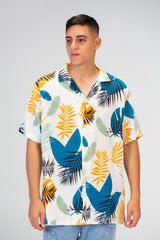 Mens Half Sleeved Jakar Shirt With Front Buttons And Summer Print In White