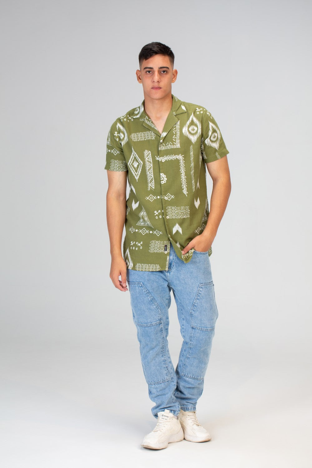 قميص رجالي بأكمام قصيرة جاكار مصنوع من قماش الكتان