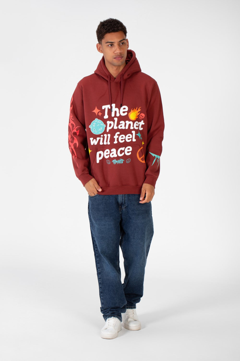 Men's Hooded Sweatshirt With A Melton Material Printed On The Front And Back