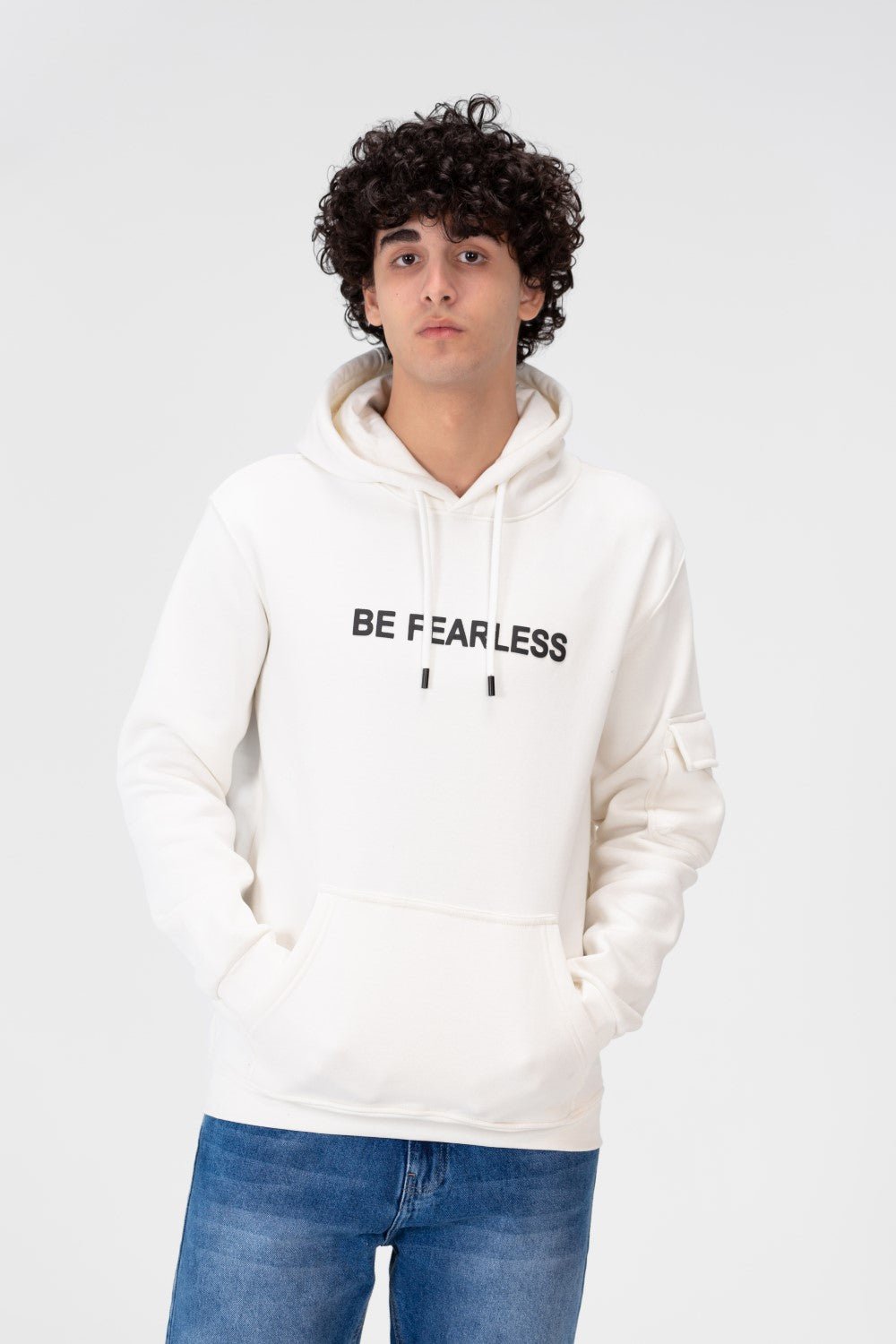 Men's Hoodie Sweatshirt Made Of Milton Material With A Text Print On The Front