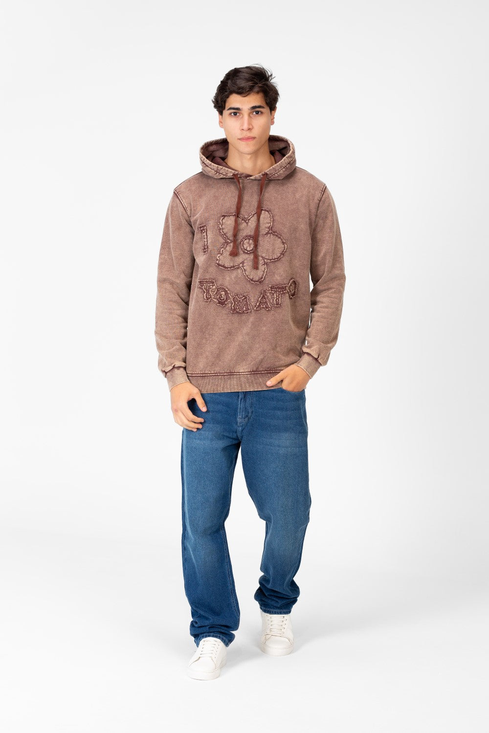 Men's Washed Tomato Print Front Hoodie Sweatshirt
