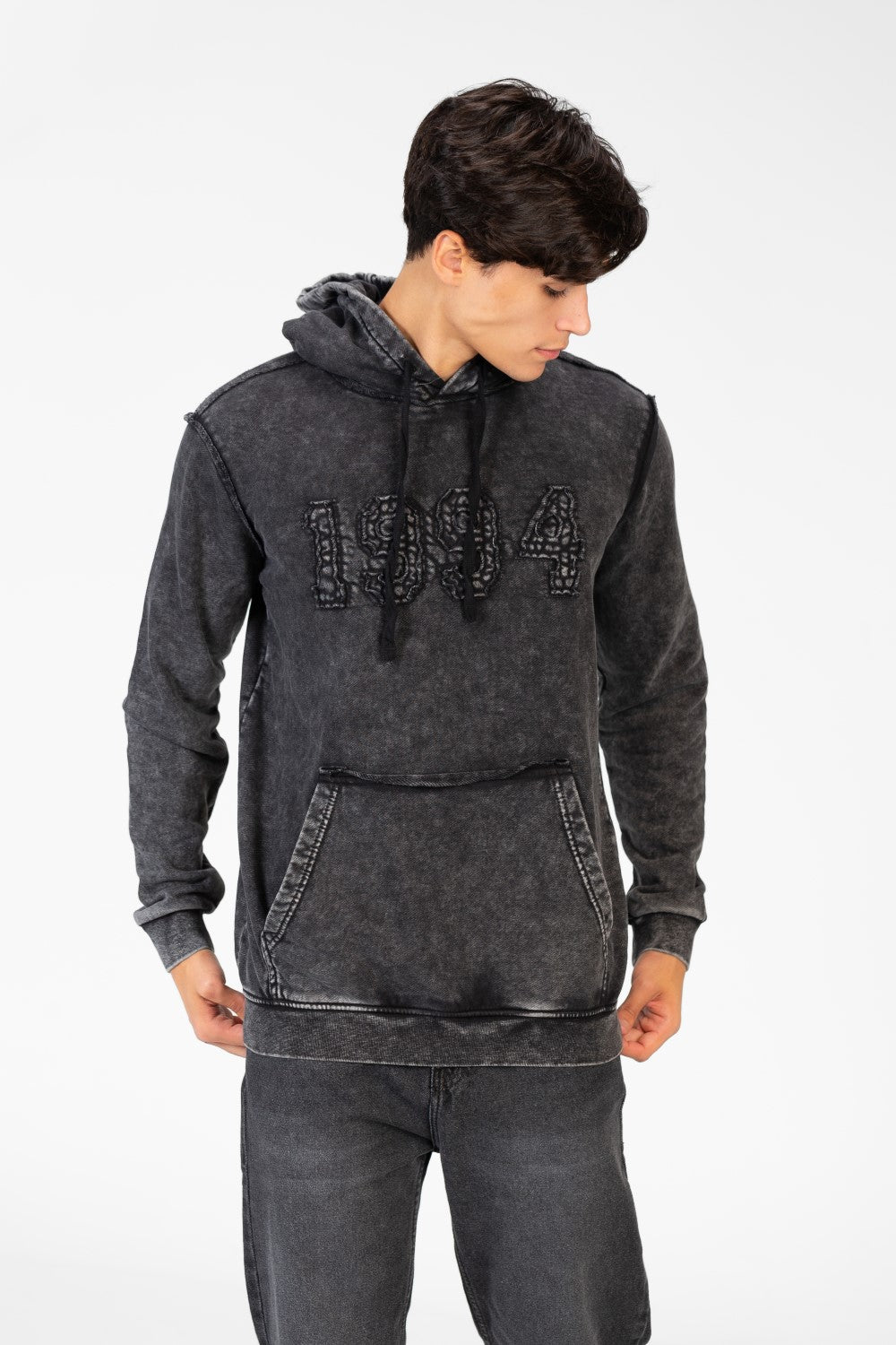 Men's Washed Slim Fit Hoodie Sweatshirt With A Print On The Front