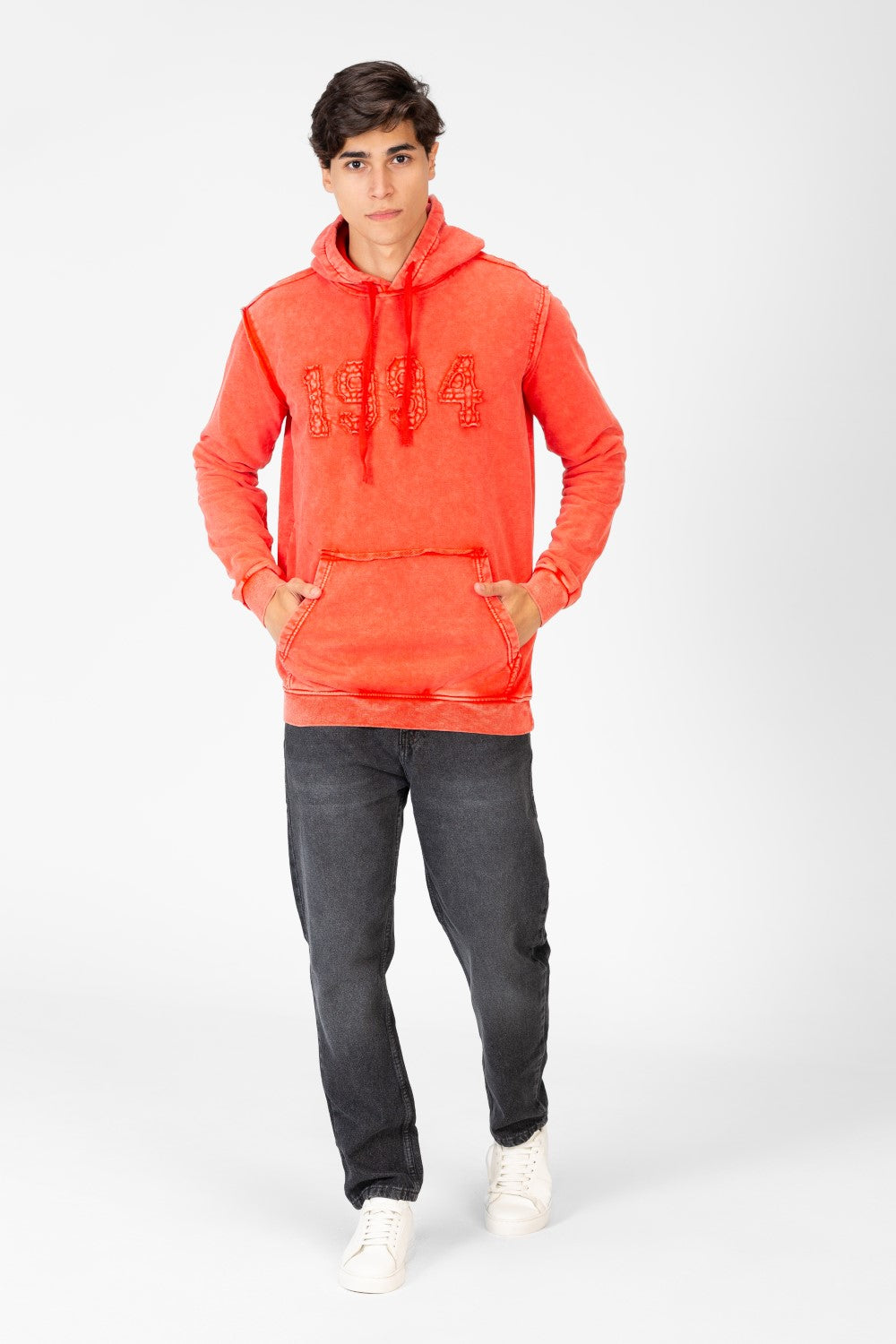 Men's Washed Slim Fit Hoodie Sweatshirt With A Print On The Front