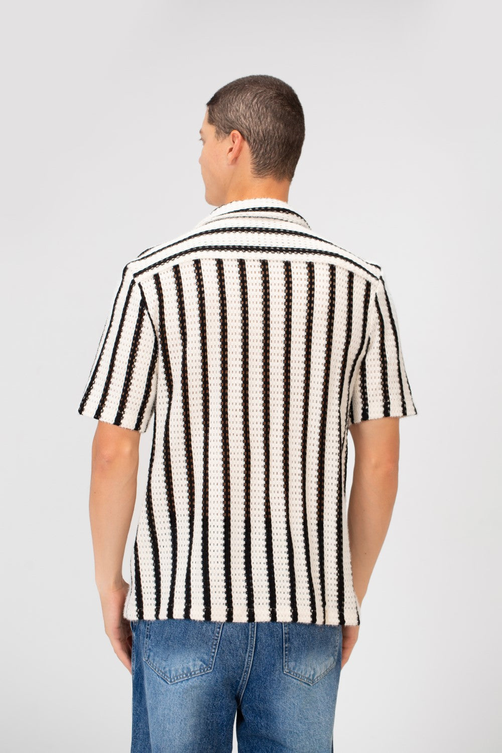Men's Half Sleeve Striped Slim Fit Collar Mesh Shirt High Quality Material