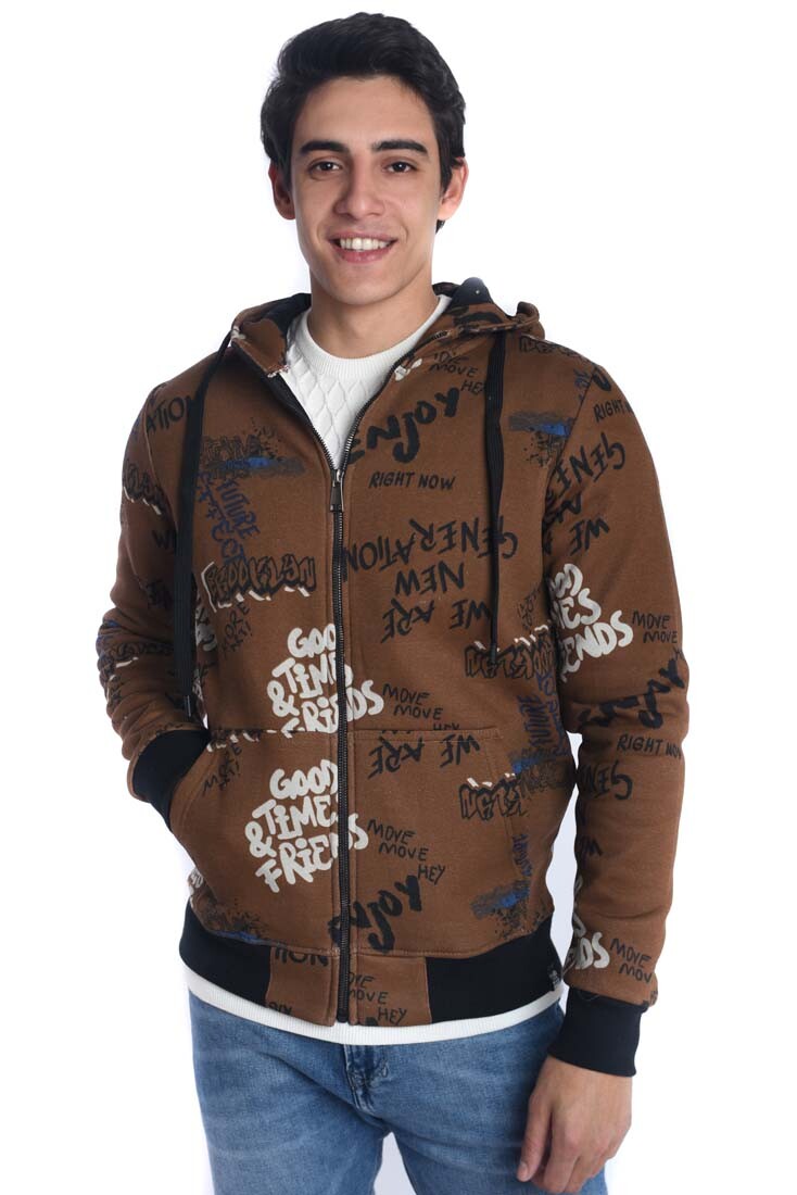 Men's Slim Fit Hooded Printed Sweatshirt With Full Zipper