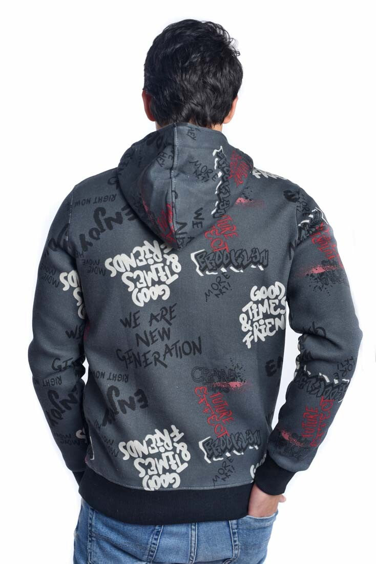 Men's Slim Fit Hooded Printed Sweatshirt With Full Zipper