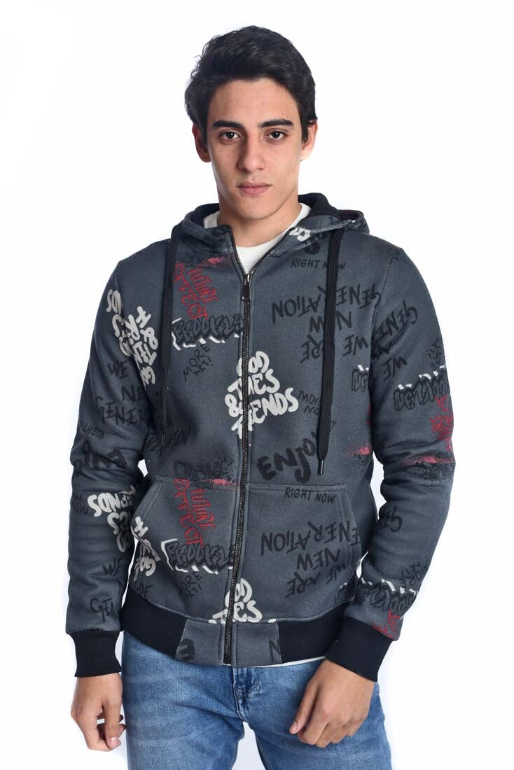 Men's Slim Fit Hooded Printed Sweatshirt With Full Zipper