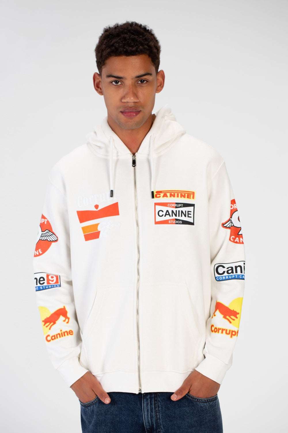 Men's Zip-Up Hooded Sweatshirt With Front Pocket And Print On The Front And Shoulder