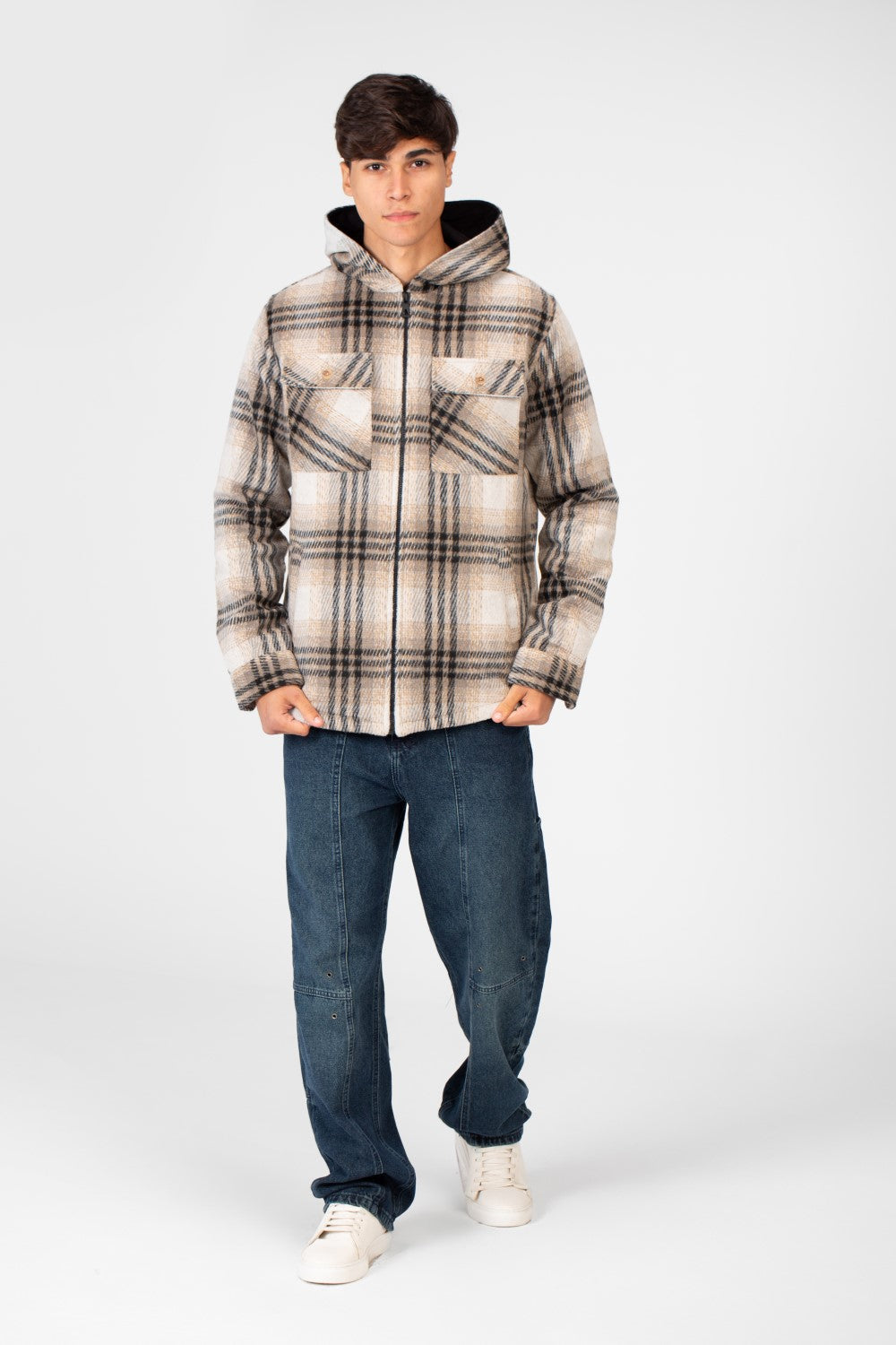 Men's Winter Checked Hood Shirt With Full Front Zipper Closure