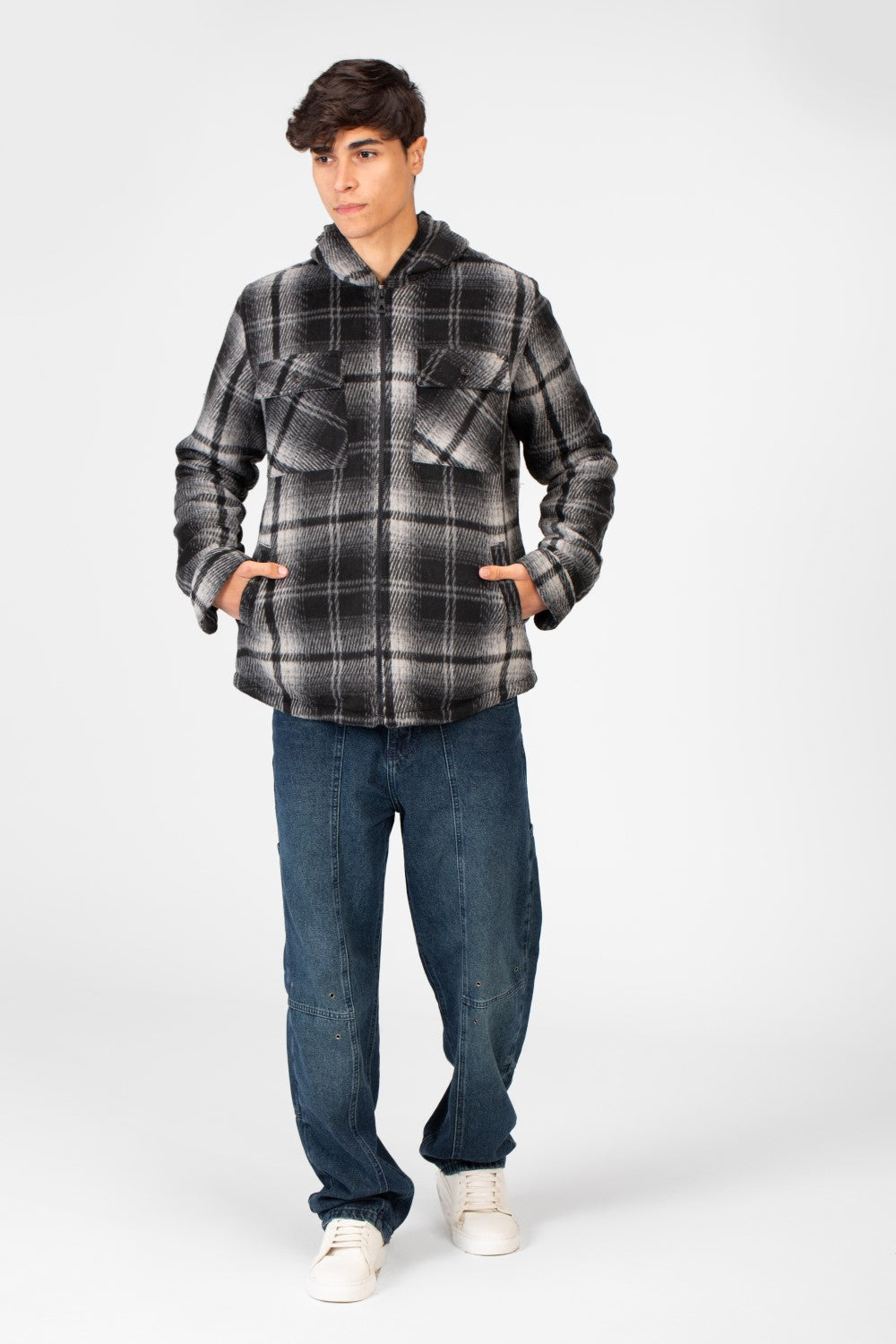 Men's Winter Checked Hood Shirt With Full Front Zipper Closure