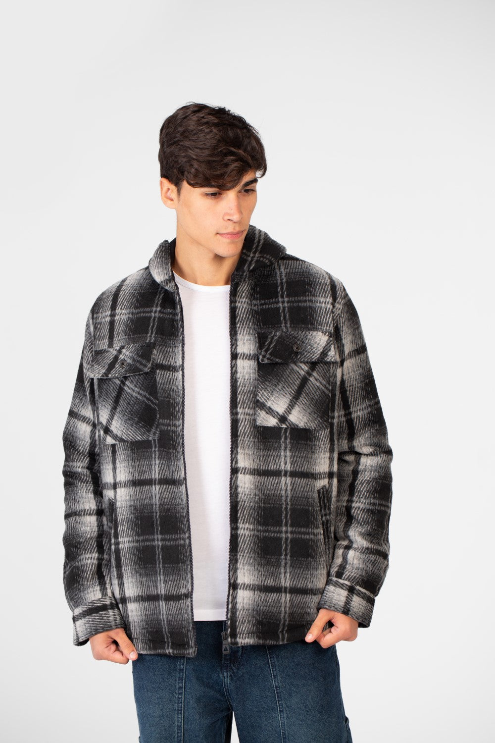 Men's Winter Checked Hood Shirt With Full Front Zipper Closure