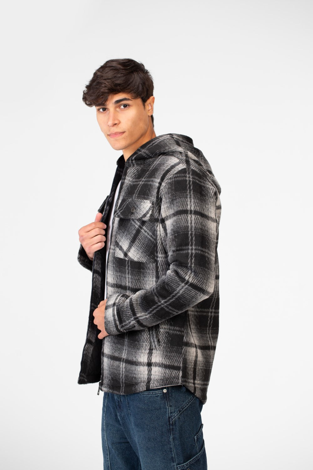 Men's Winter Checked Hood Shirt With Full Front Zipper Closure