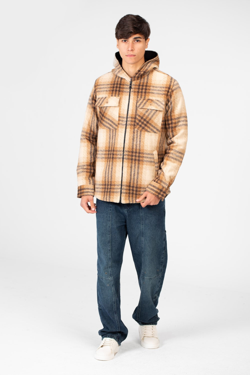 Men's Winter Checked Hood Shirt With Full Front Zipper Closure