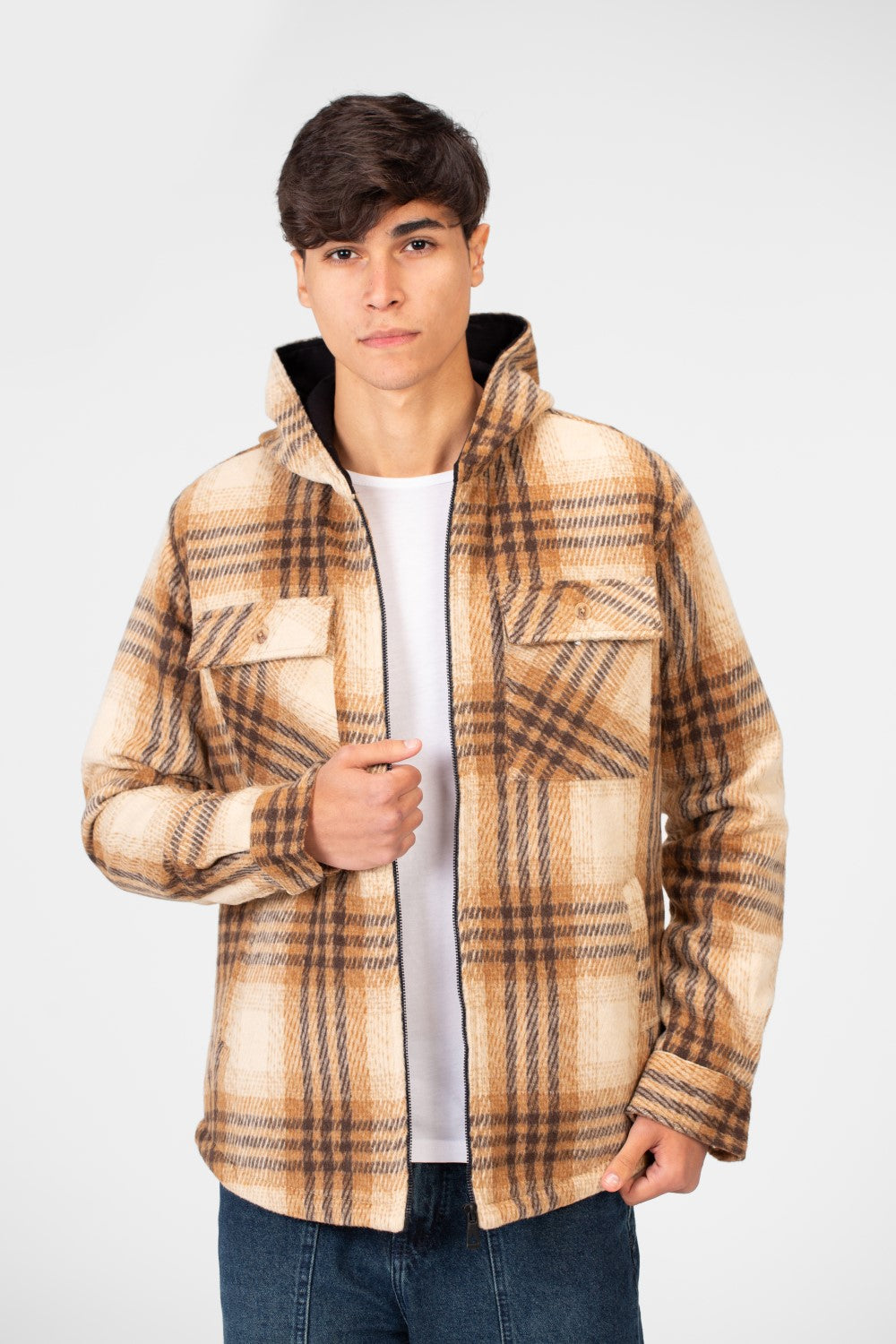 Men's Winter Checked Hood Shirt With Full Front Zipper Closure