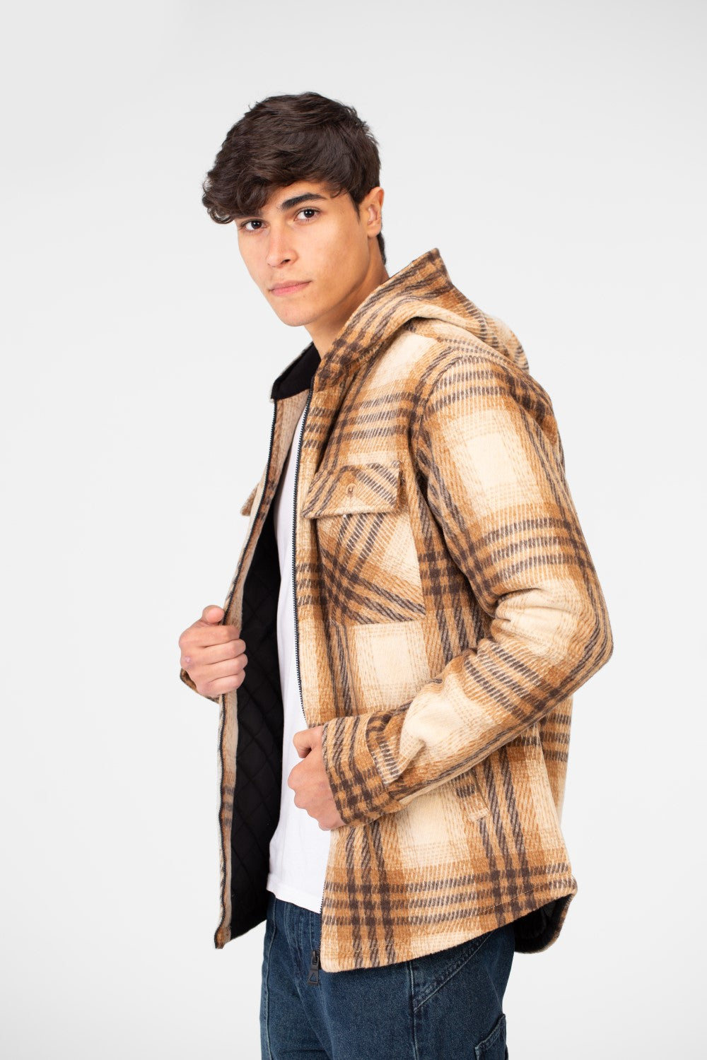 Men's Winter Checked Hood Shirt With Full Front Zipper Closure