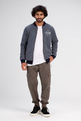 Men's Slim Fit Full Zipper Padded Front Chest Printed Melton Sweatshirt