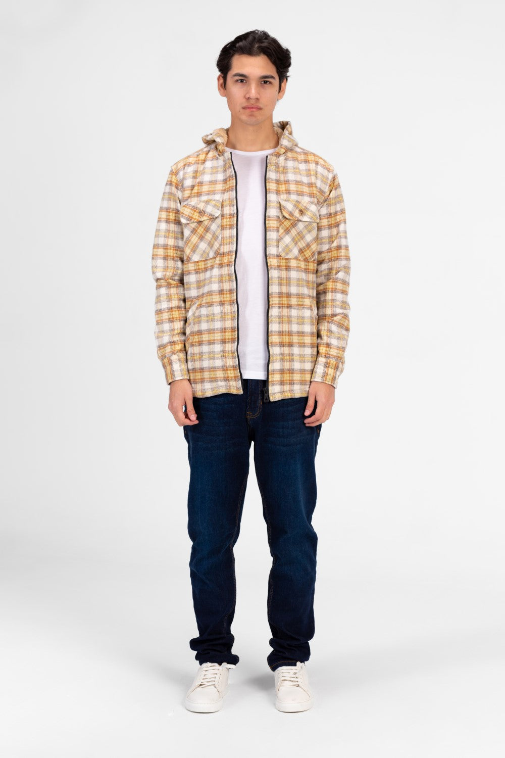 Men's Slim Fit Full Zip Fur Padded Checked Shirt