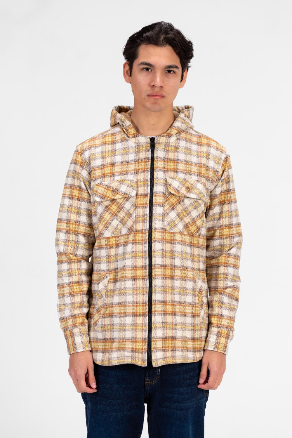 Men's Slim Fit Full Zip Fur Padded Checked Shirt