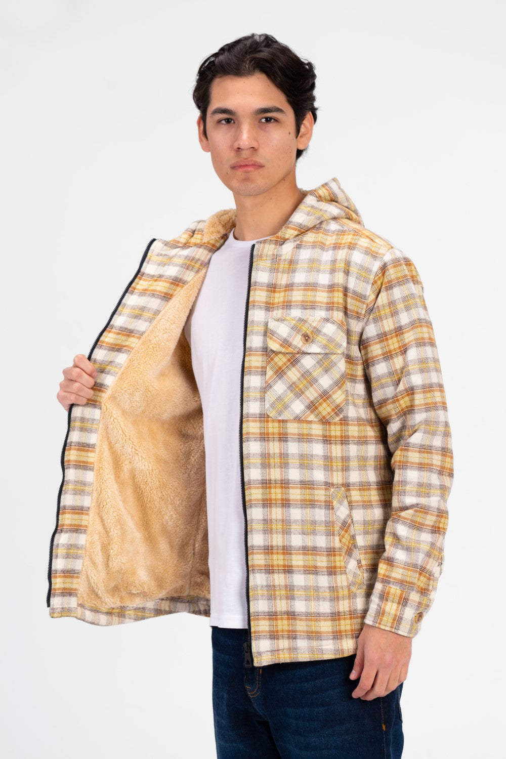 Men's Slim Fit Full Zip Fur Padded Checked Shirt