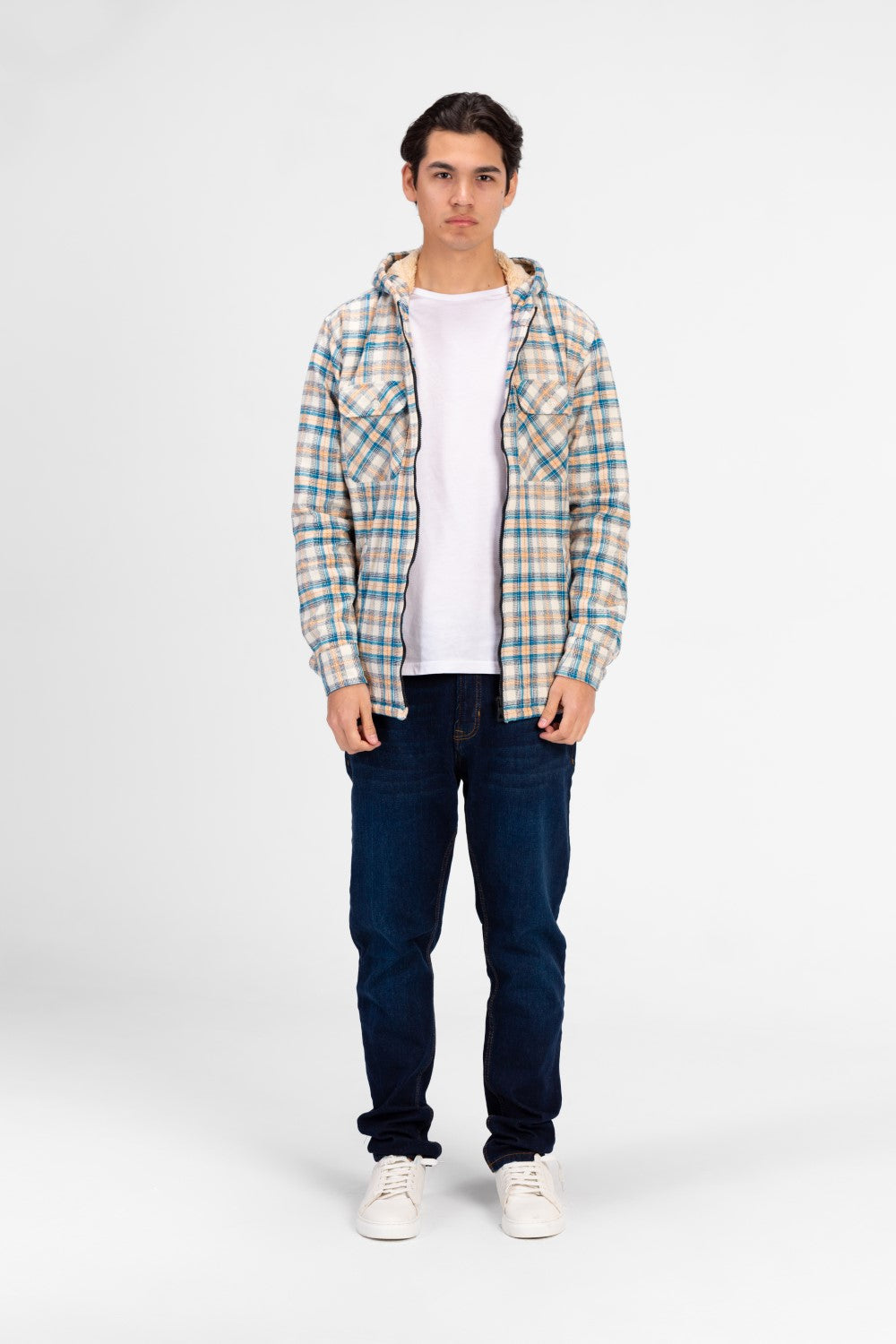Men's Slim Fit Full Zip Fur Padded Checked Shirt