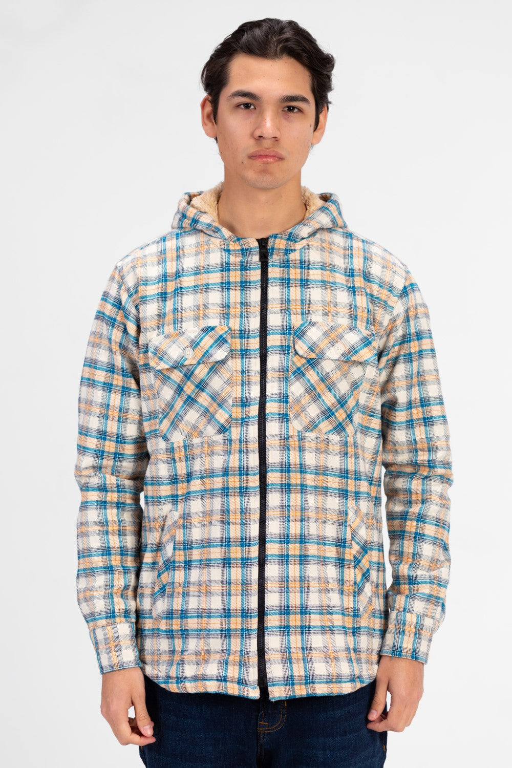 Men's Slim Fit Full Zip Fur Padded Checked Shirt