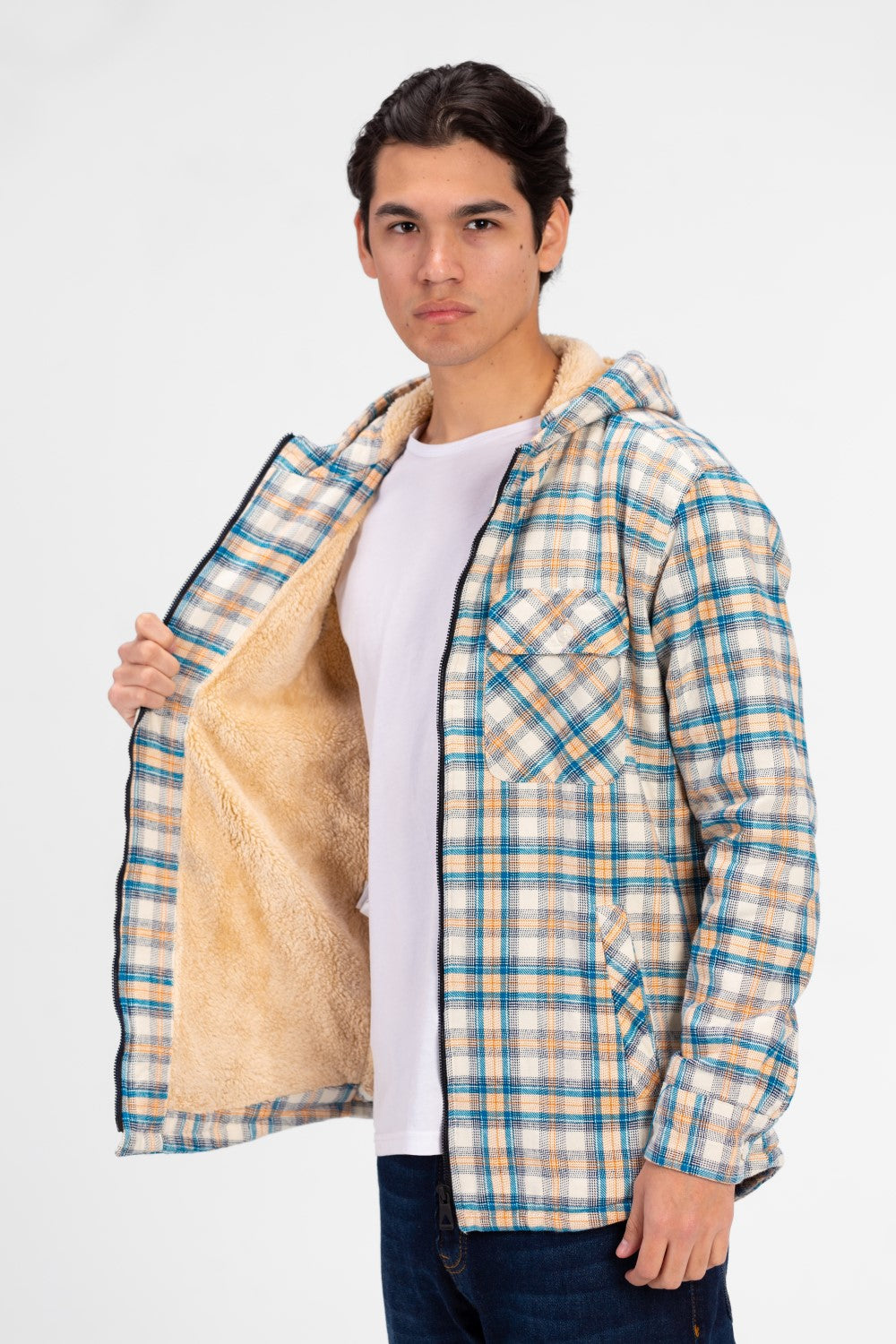 Men's Slim Fit Full Zip Fur Padded Checked Shirt