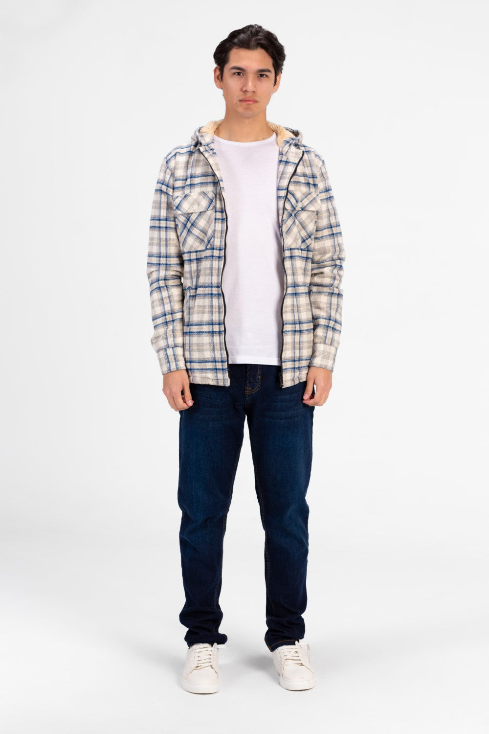Men's Slim Fit Full Zip Fur Padded Checked Shirt