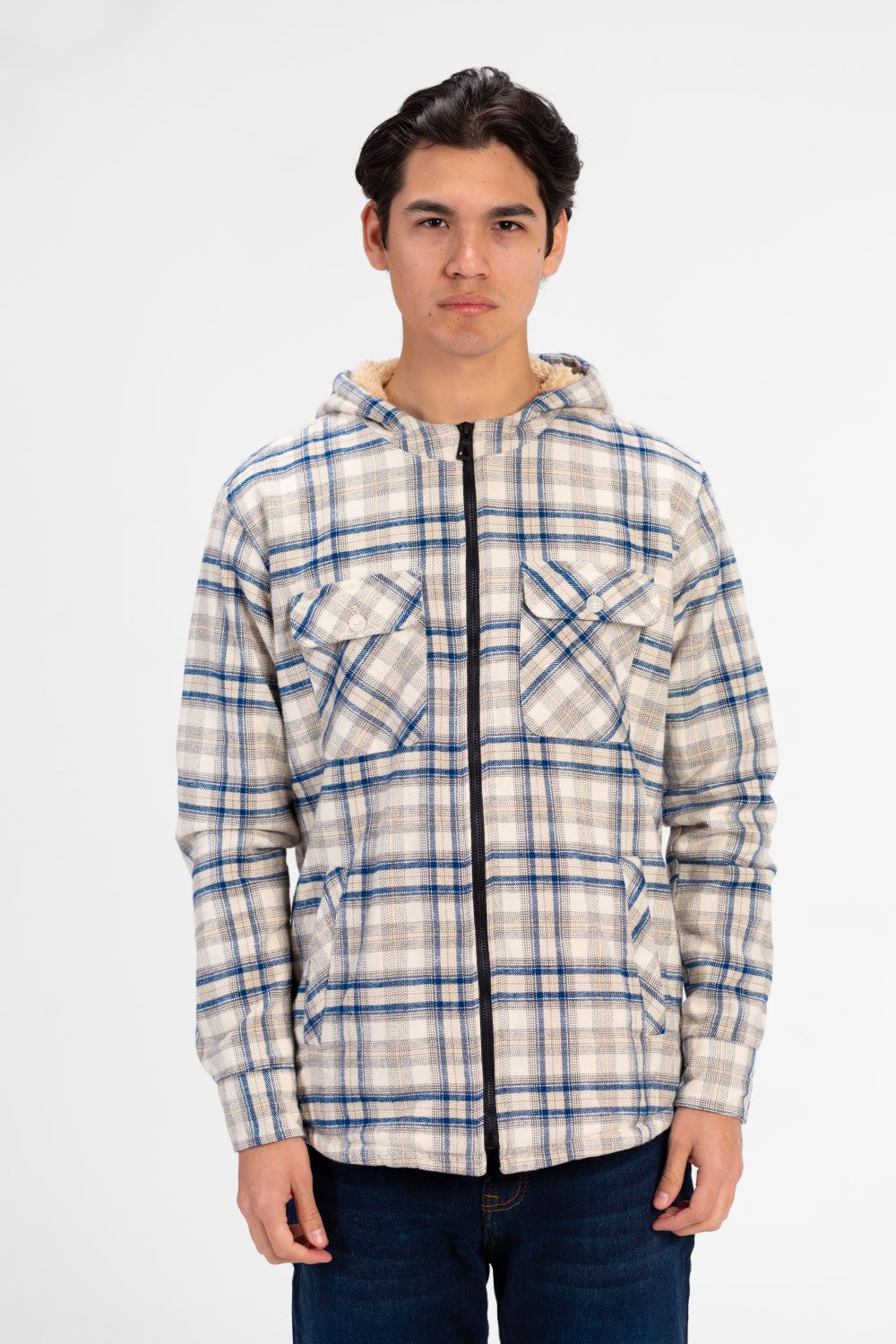 Men's Slim Fit Full Zip Fur Padded Checked Shirt