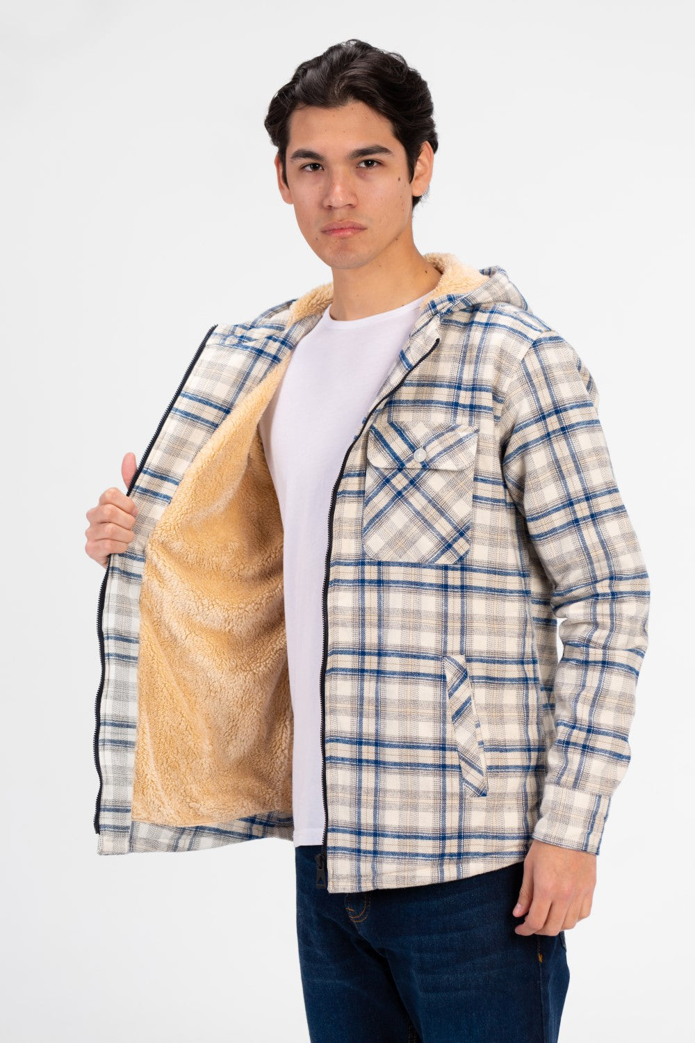 Men's Slim Fit Full Zip Fur Padded Checked Shirt