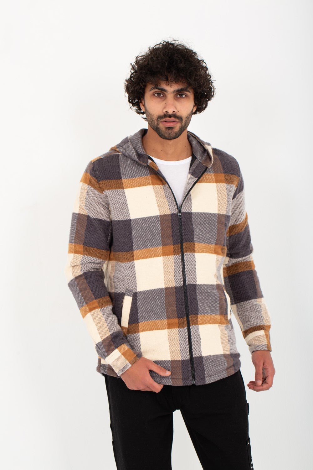 Men's Regular Fit Padded Zipper Made Of Soft Wool Hooded Checked Shirt