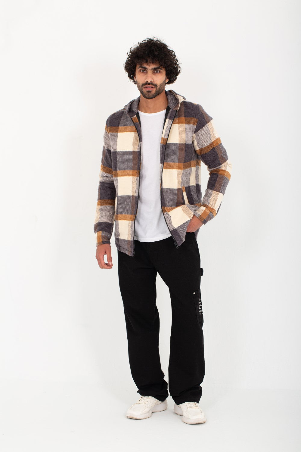 Men's Regular Fit Padded Zipper Made Of Soft Wool Hooded Checked Shirt