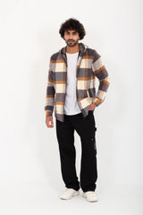 Men's Regular Fit Padded Zipper Made Of Soft Wool Hooded Checked Shirt