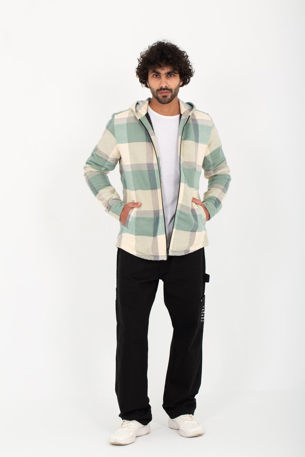 Men's Regular Fit Padded Zipper Made Of Soft Wool Hooded Checked Shirt