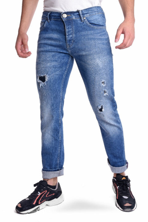 Men's Slim Fit Five Pockets Cutting Detail Straight Leg Jeans Pants