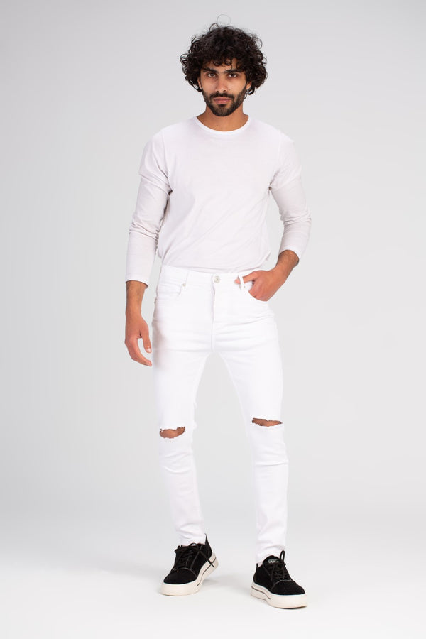 Men's Slim Fit cutting Jeans Pants With Unique Details Five Pockets White