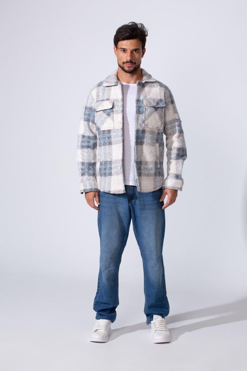 Men's Winter Wool Slim Fit Checked Shirt With Front Pockets And Long Sleeves