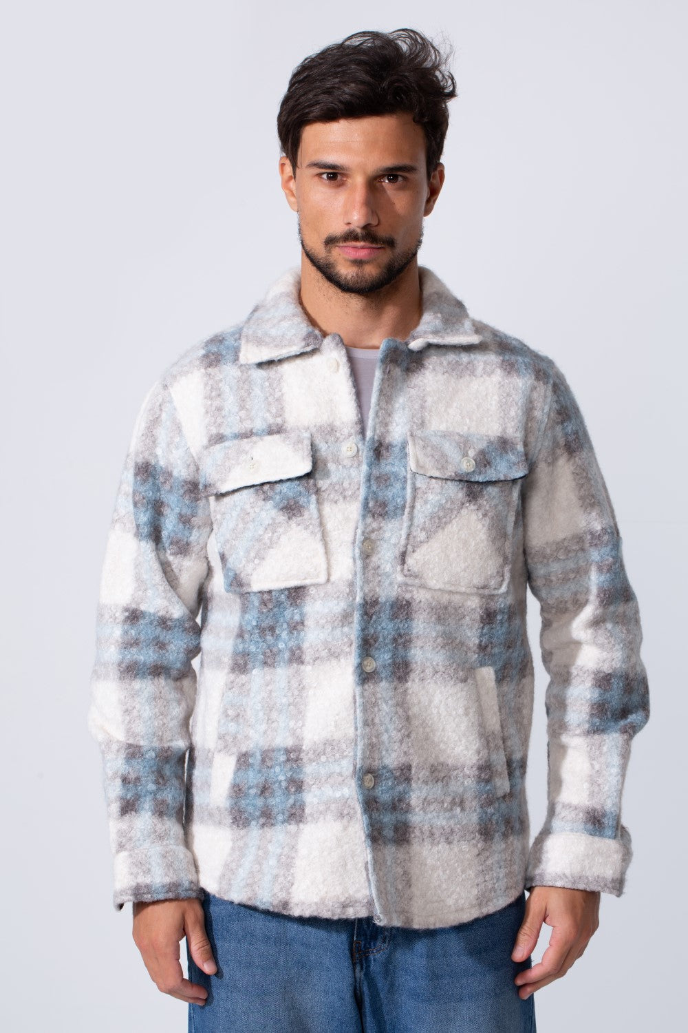 Men's Winter Wool Slim Fit Checked Shirt With Front Pockets And Long Sleeves